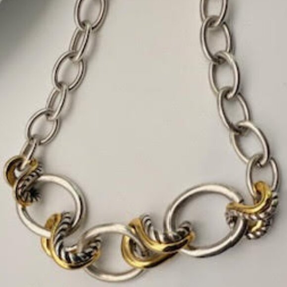 Brighton  Silver & Gold Link Statement Necklace | Two Tone Circle  Rope Chain - Picture 4 of 7